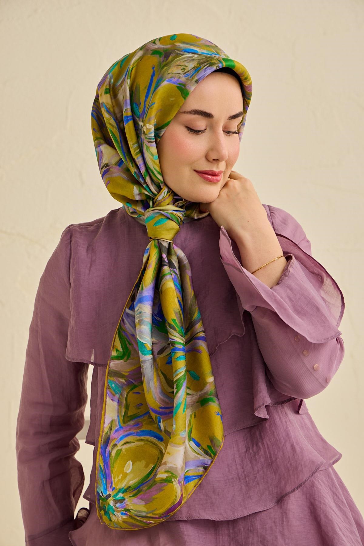 Twill İpek Eşarp Floral Art Desen Bej 90x90