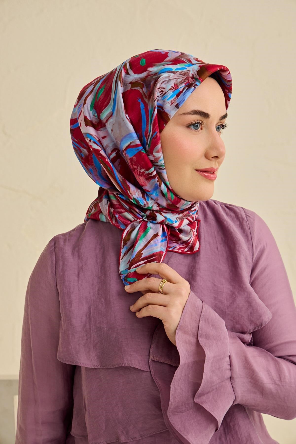 Twill İpek Eşarp Floral Art Desen Bordo 90x90