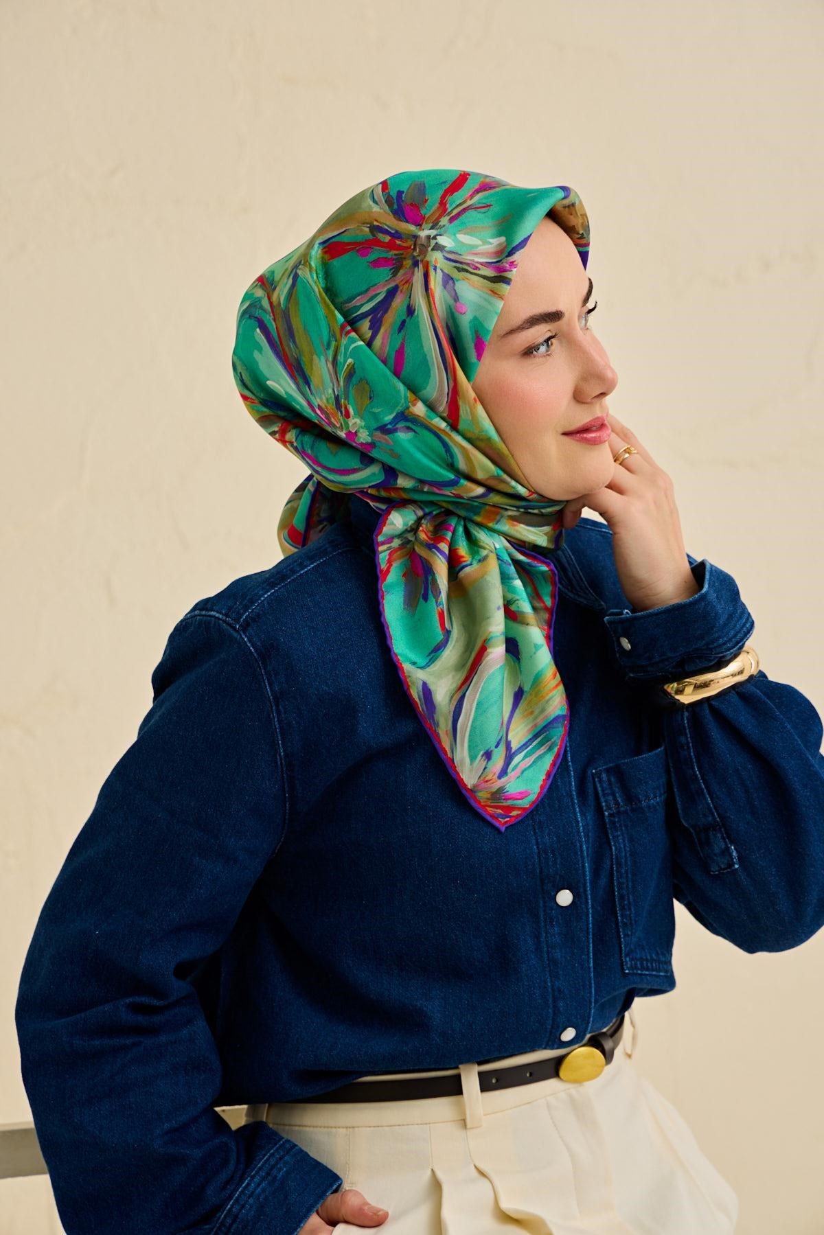 Twill İpek Eşarp Floral Art Desen Patina Yeşili 90x90