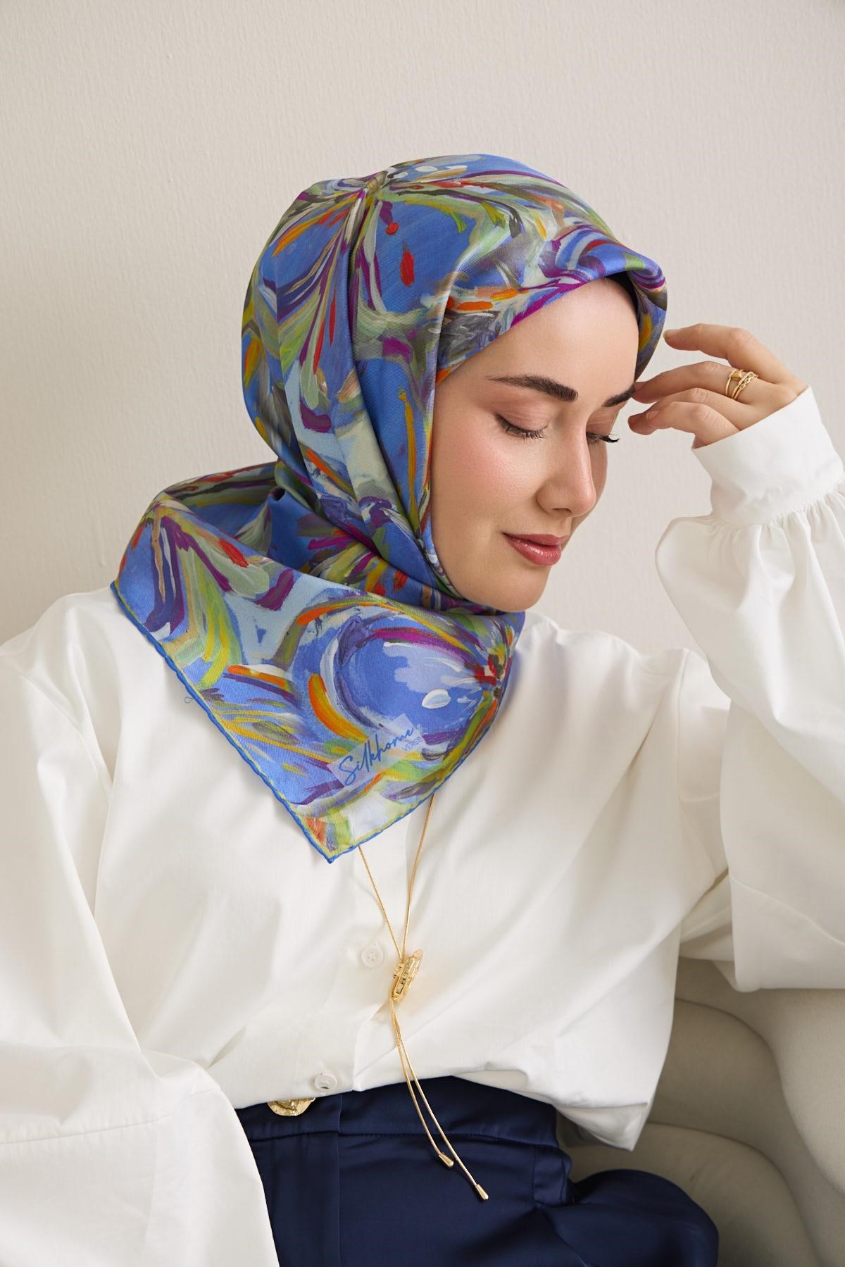 Twill İpek Eşarp Floral Art Desen Su Yeşili 90x90