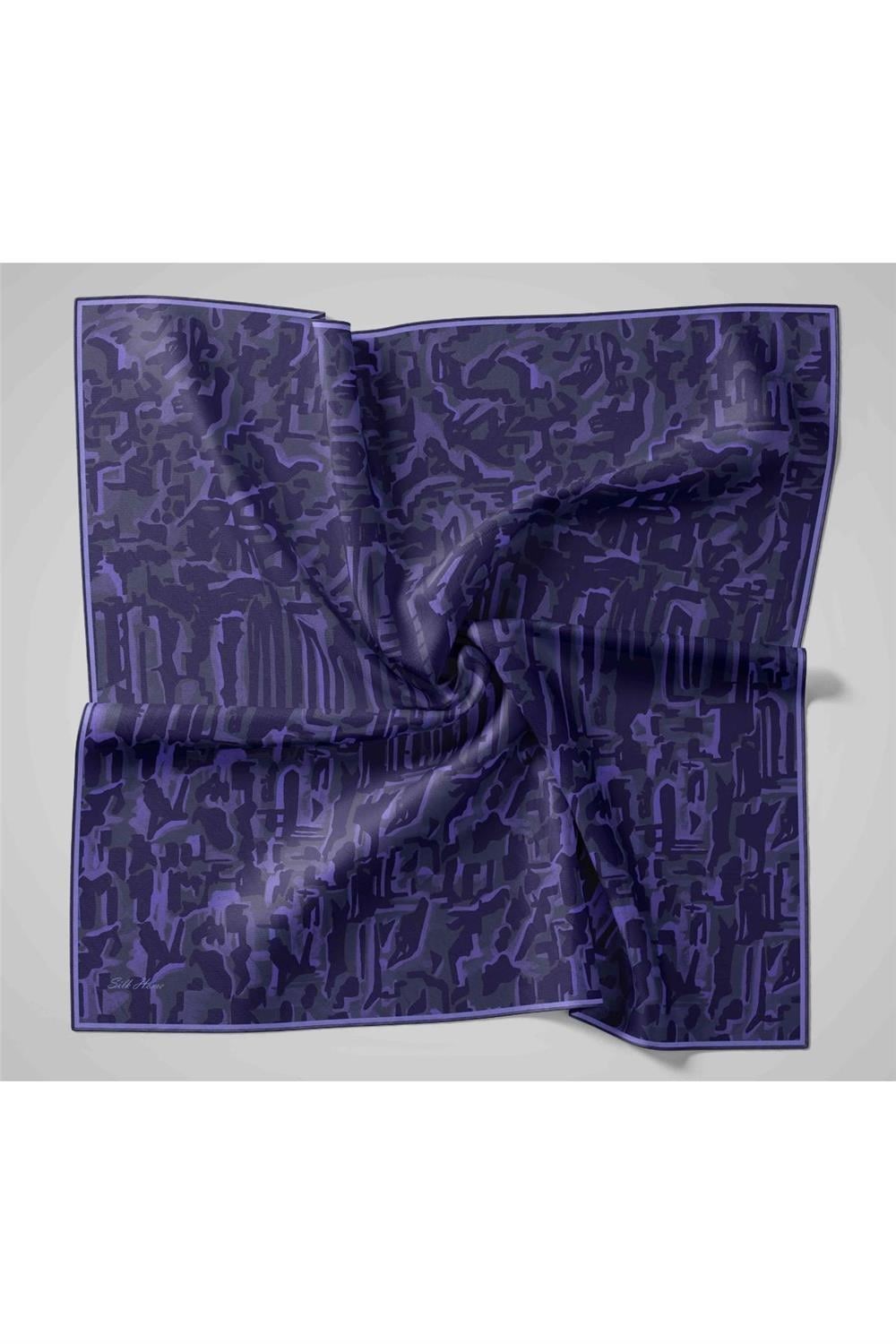 Twill İpek Eşarp Fosfor Mor–Lacivert–Füme Desenli Tok Duruşlu 90x90