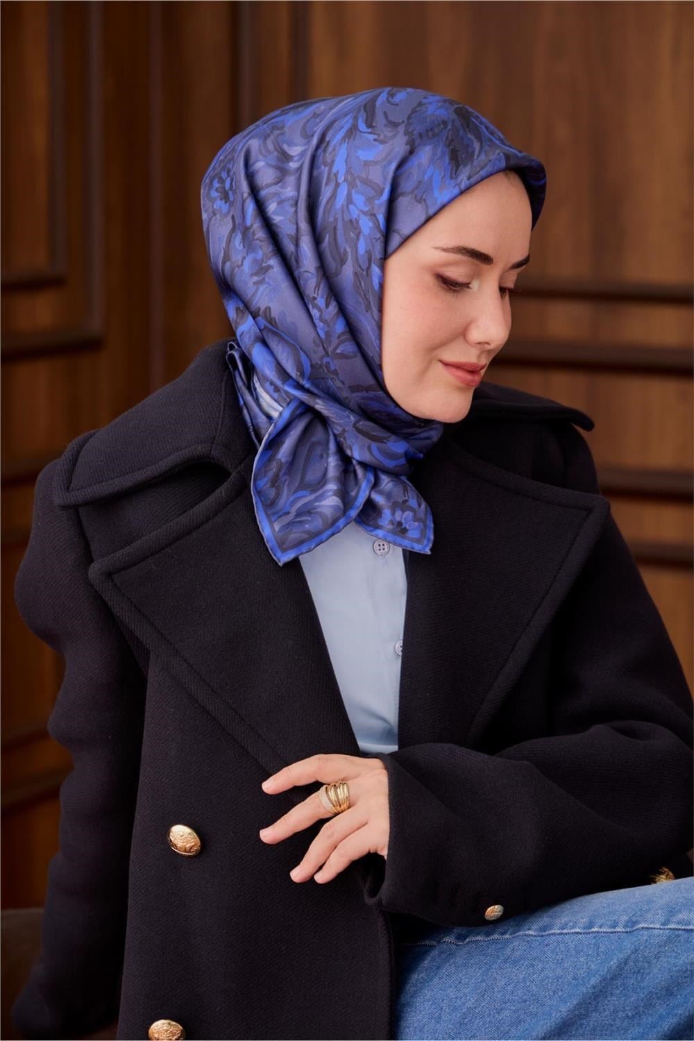 Twill İpek Eşarp Füme-Saks Desenli Tok Duruşlu 90x90