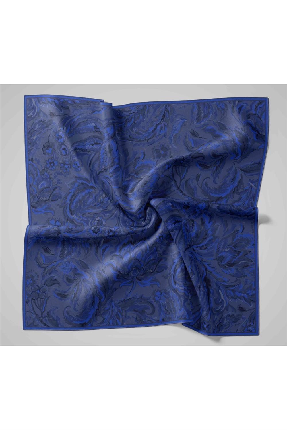 Twill İpek Eşarp Füme-Saks Desenli Tok Duruşlu 90x90