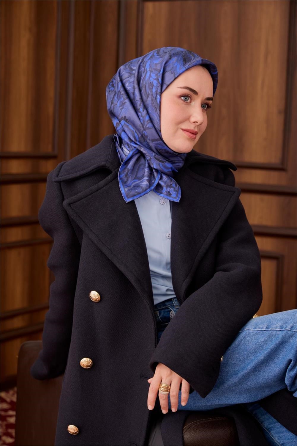 Twill İpek Eşarp Füme-Saks Desenli Tok Duruşlu 90x90