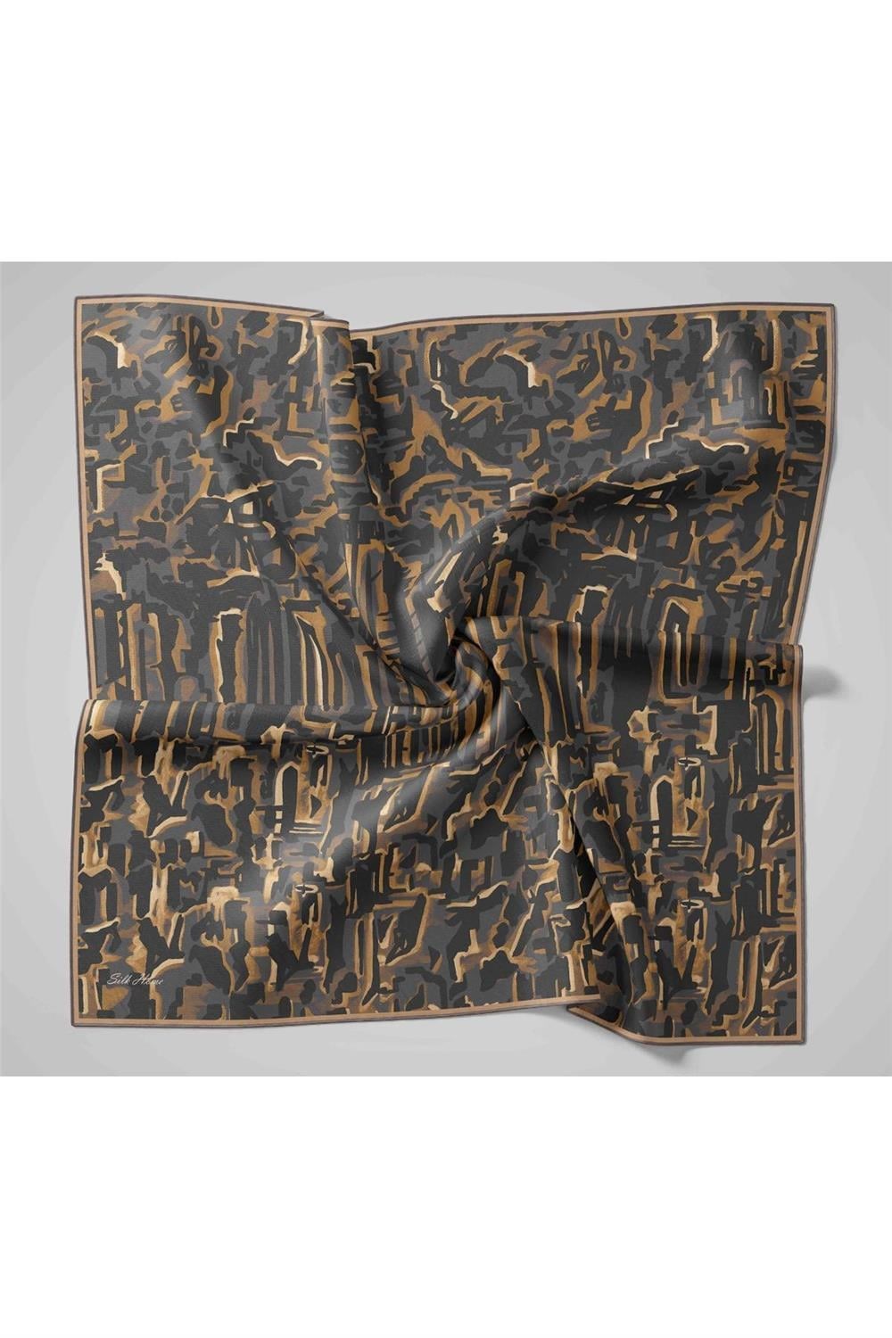 Twill İpek Eşarp Füme–Siyah–Gold Desenli Tok Duruşlu 90x90
