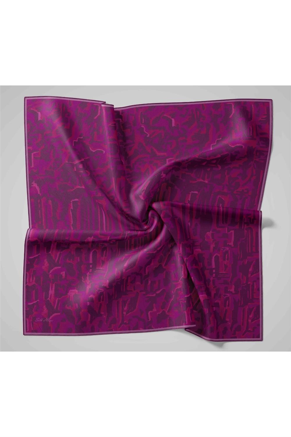 Twill İpek Eşarp Fuşya–Koyu Mor–Pembe Desenli Tok Duruşlu 90x90