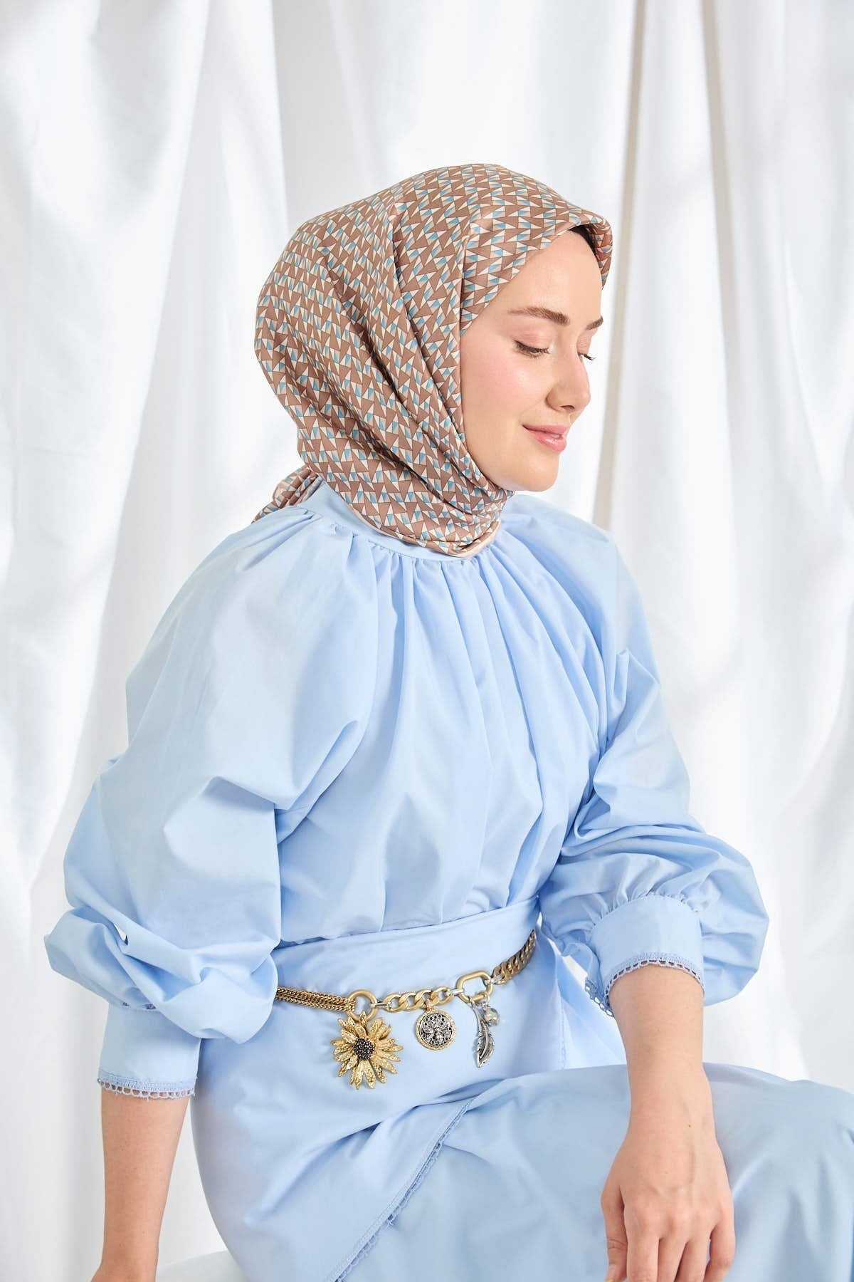 Twill İpek Eşarp Geometric Pattern Kahverengi