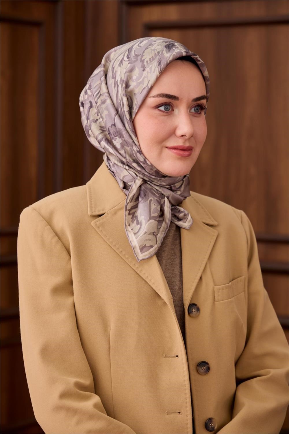 Twill İpek Eşarp Gri-Füme Desenli Tok Duruşlu 90x90