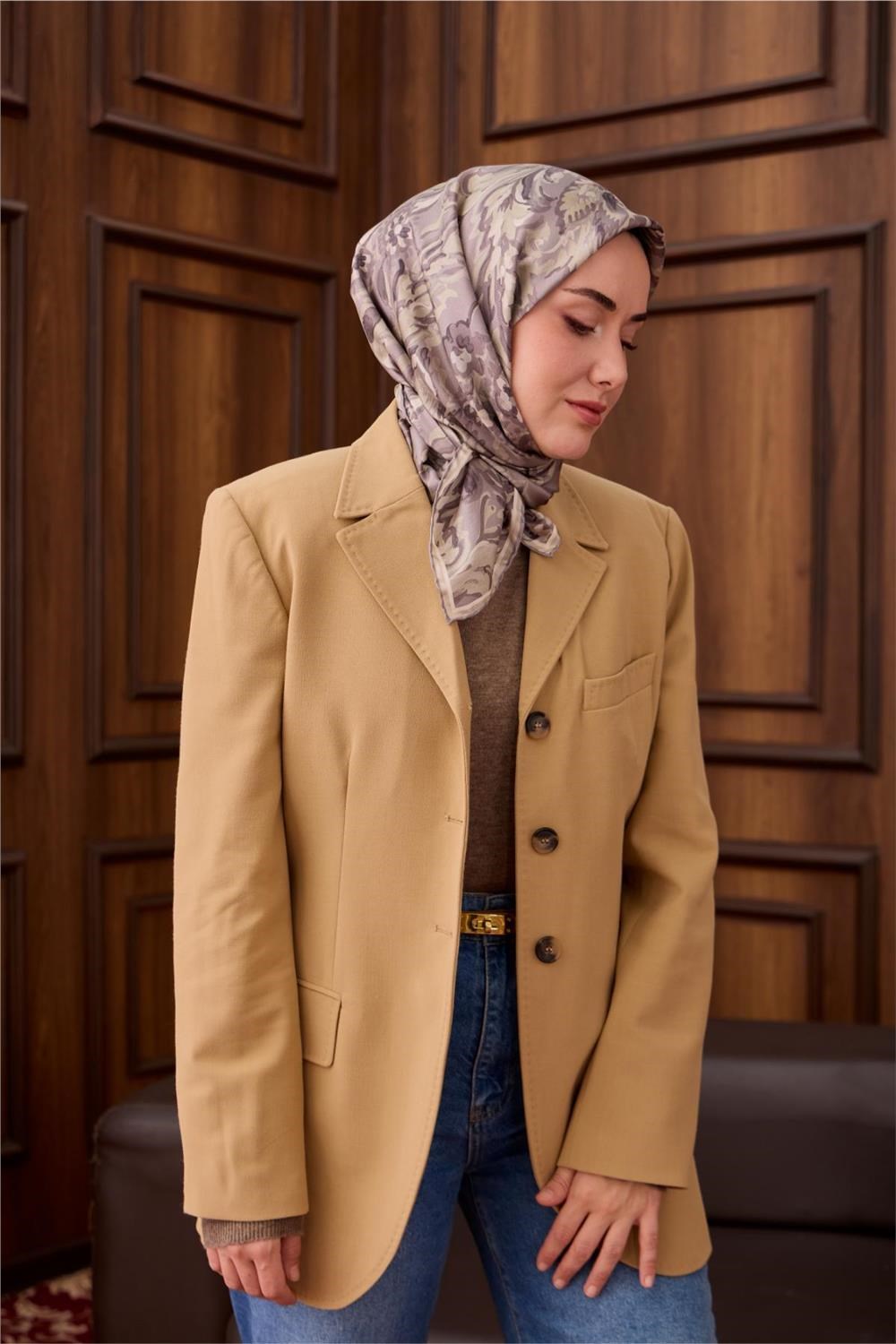 Twill İpek Eşarp Gri-Füme Desenli Tok Duruşlu 90x90