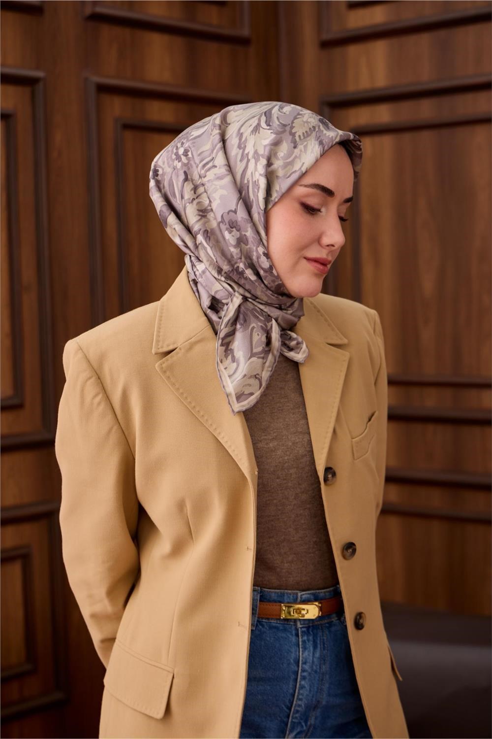 Twill İpek Eşarp Gri-Füme Desenli Tok Duruşlu 90x90
