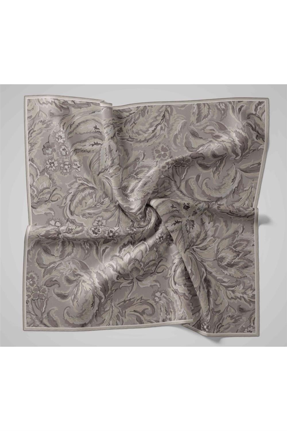 Twill İpek Eşarp Gri-Füme Desenli Tok Duruşlu 90x90