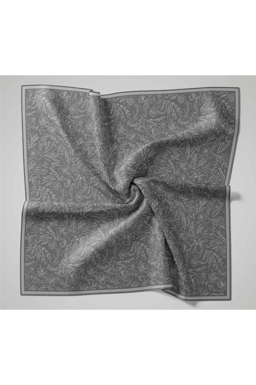 Twill İpek Eşarp Gri-Gümüş Çiçek Desenli Tok Duruşlu Kaymaz 90x90