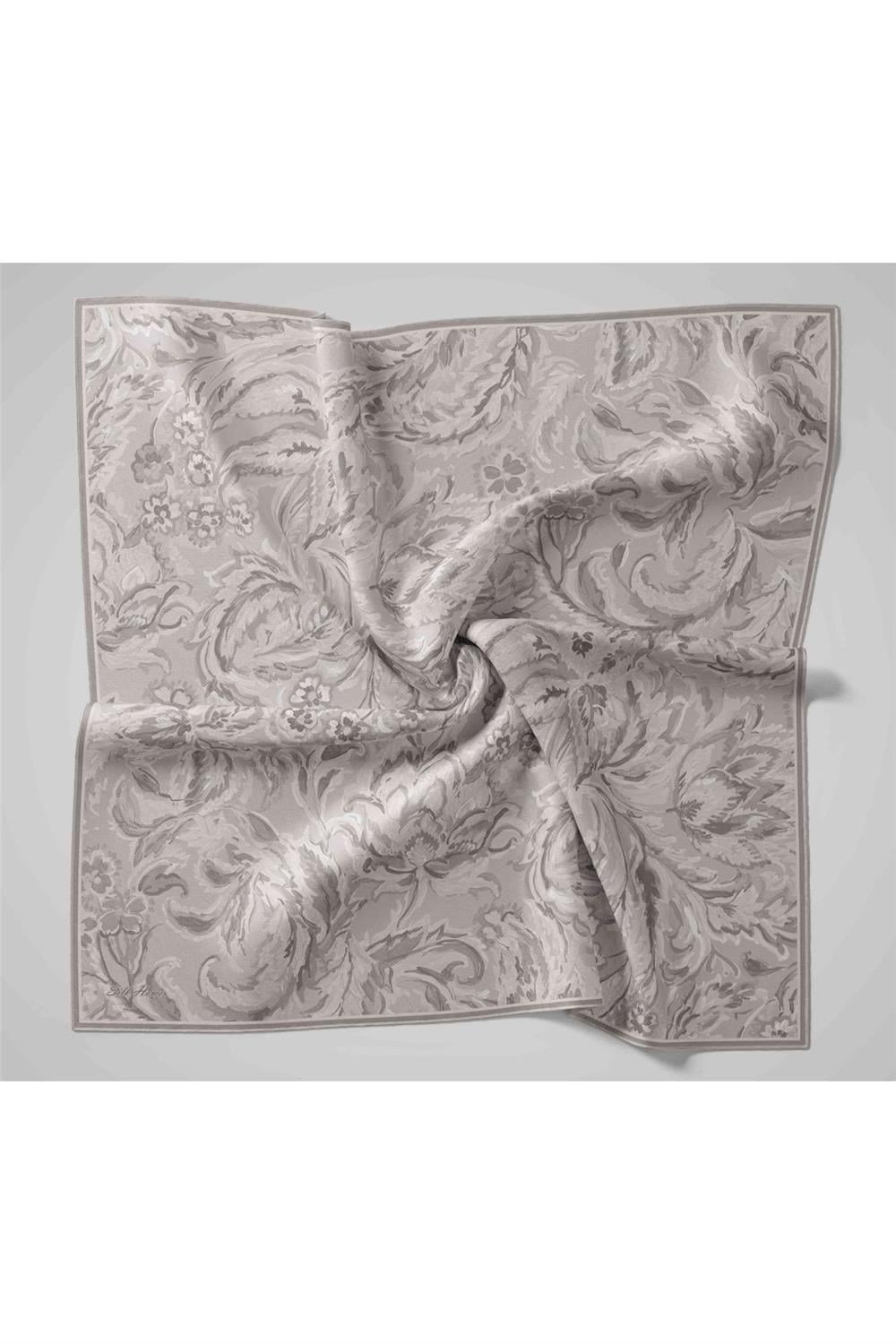 Twill İpek Eşarp Gri-Gümüş Ebru Desenli Tok Duruşlu 90x90