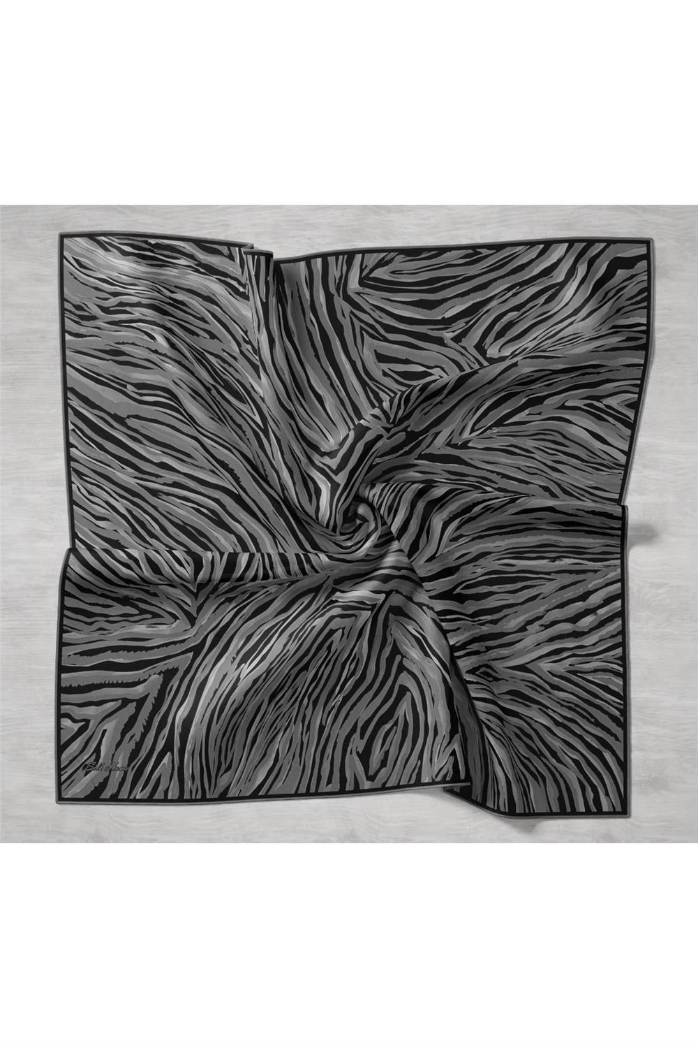 Twill İpek Eşarp Gri Siyah Gümüş Dalga Desenli Tok Duruşlu 90x90
