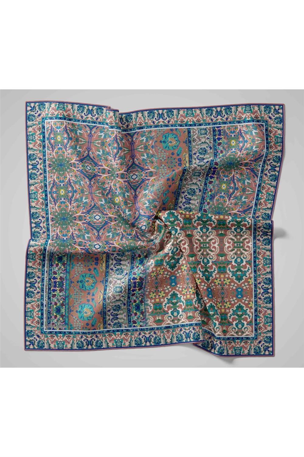 Twill İpek Eşarp Gül Kurusu-Mavi Desenli Kaymaz Tok Duruşlu 90x90