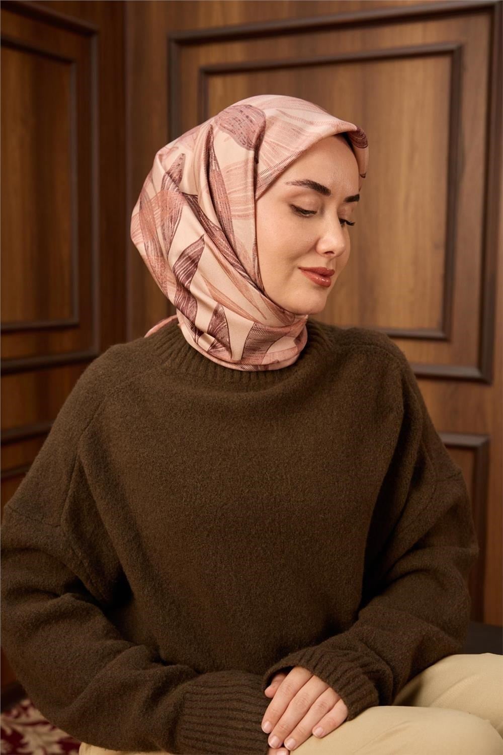 Twill İpek Eşarp Gül Kurusu-Pastel Pembe Desenli Tok Duruşlu 90x90