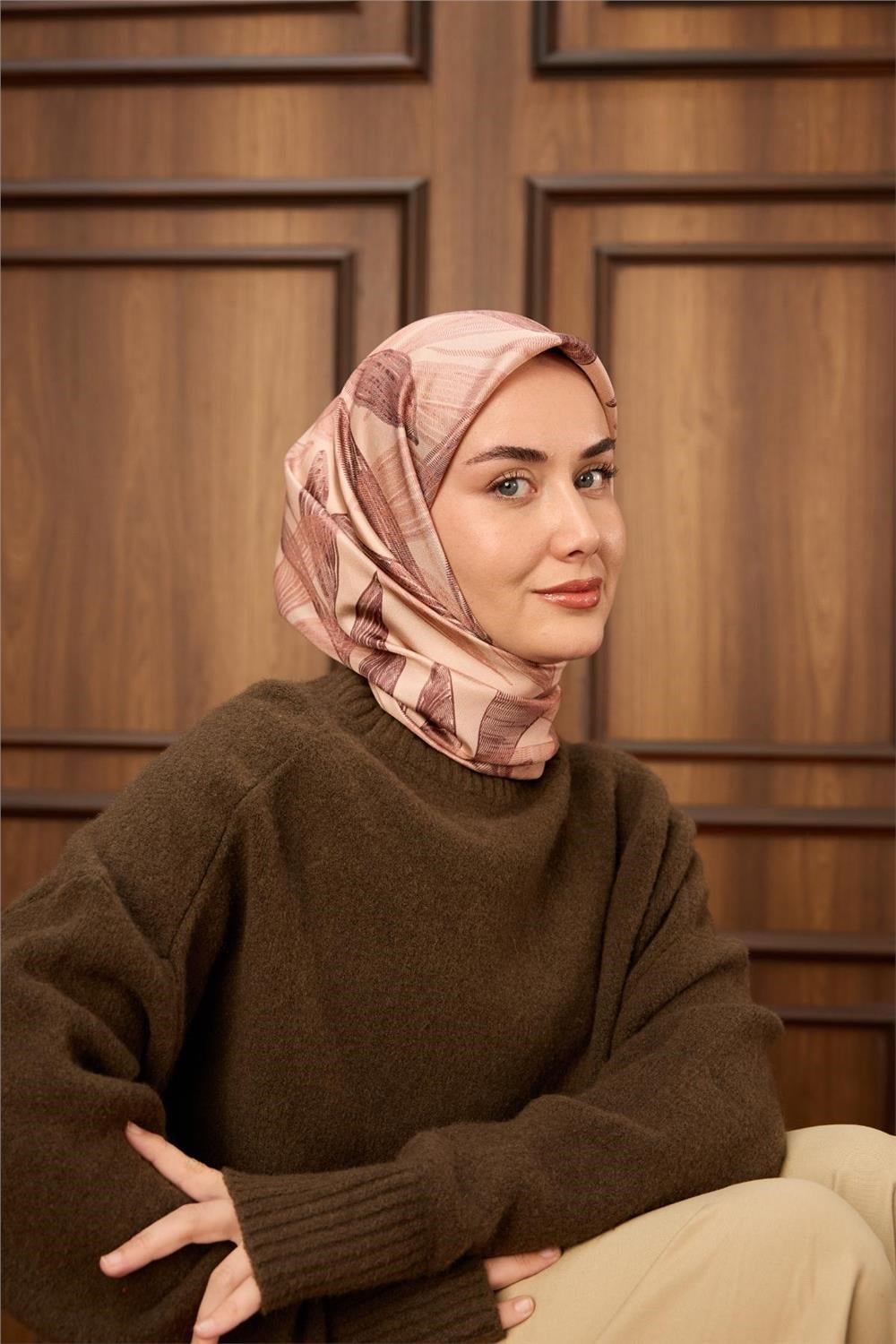 Twill İpek Eşarp Gül Kurusu-Pastel Pembe Desenli Tok Duruşlu 90x90