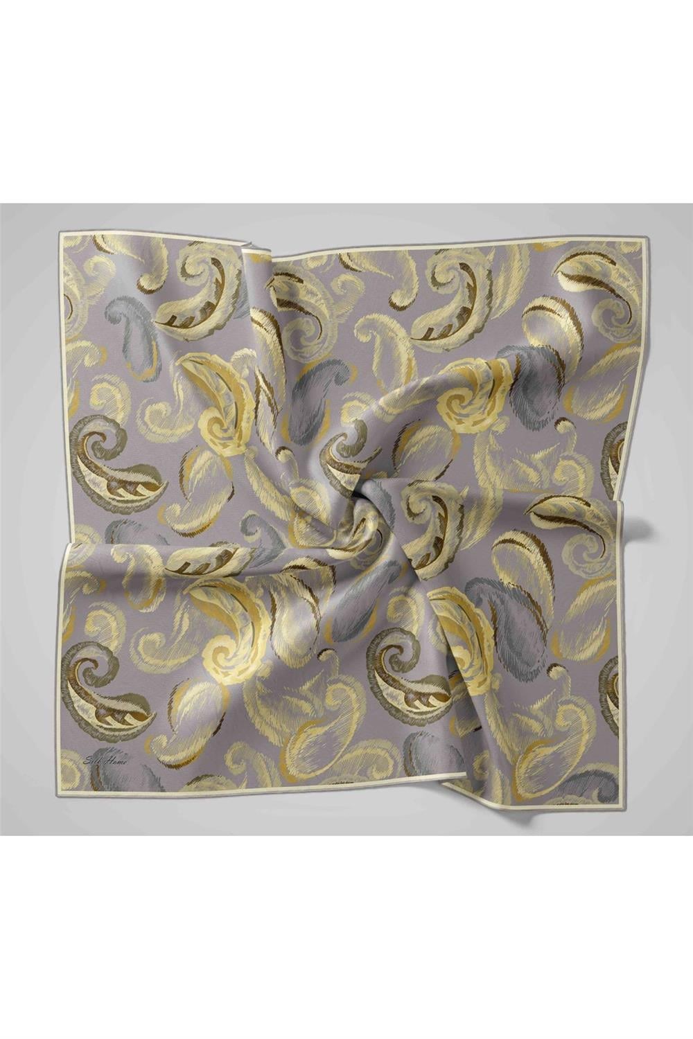 Twill İpek Eşarp Gümüş-Butter Yellow Desenli Tok Duruşlu 90x90