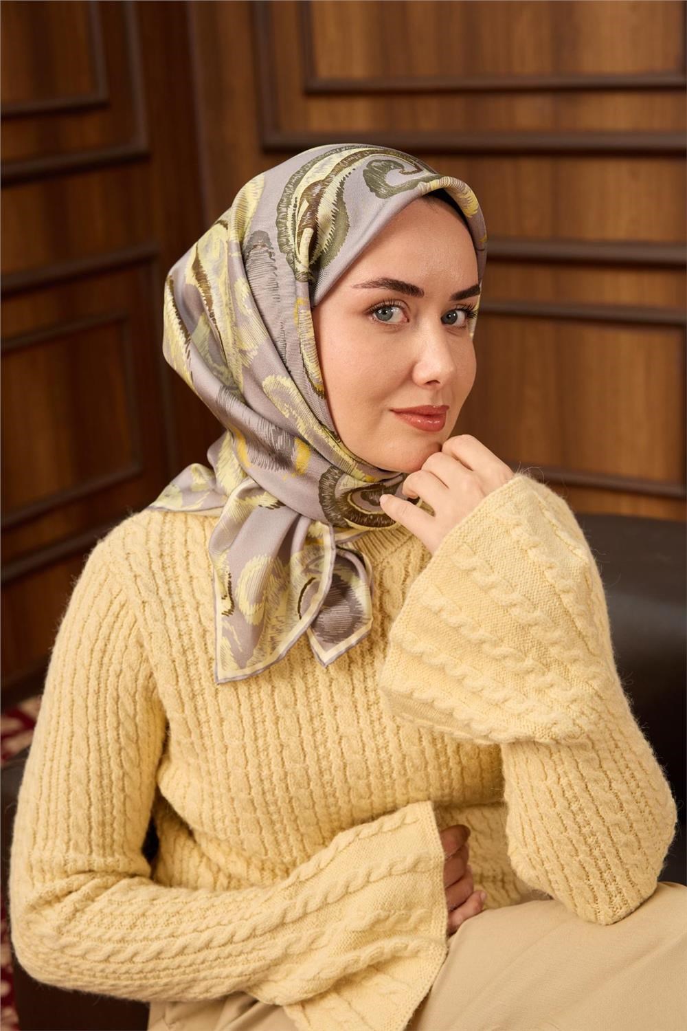 Twill İpek Eşarp Gümüş-Butter Yellow Desenli Tok Duruşlu 90x90