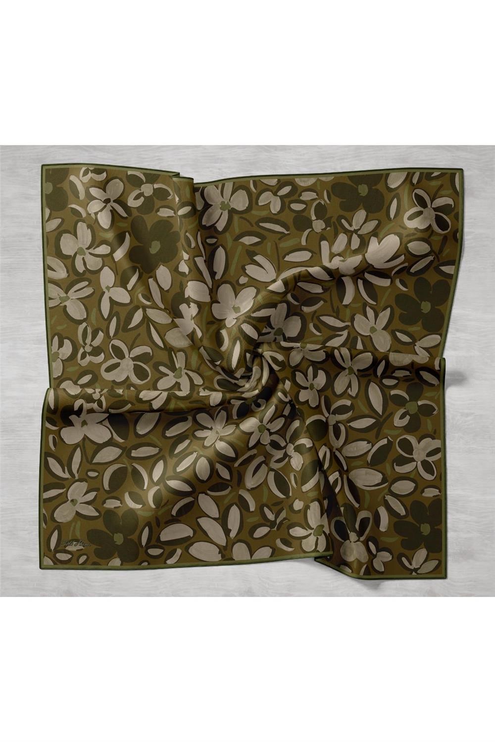 Twill İpek Eşarp Haki Koyu Yeşil Bej Papatya Desenli Tok Duruşlu 90x90