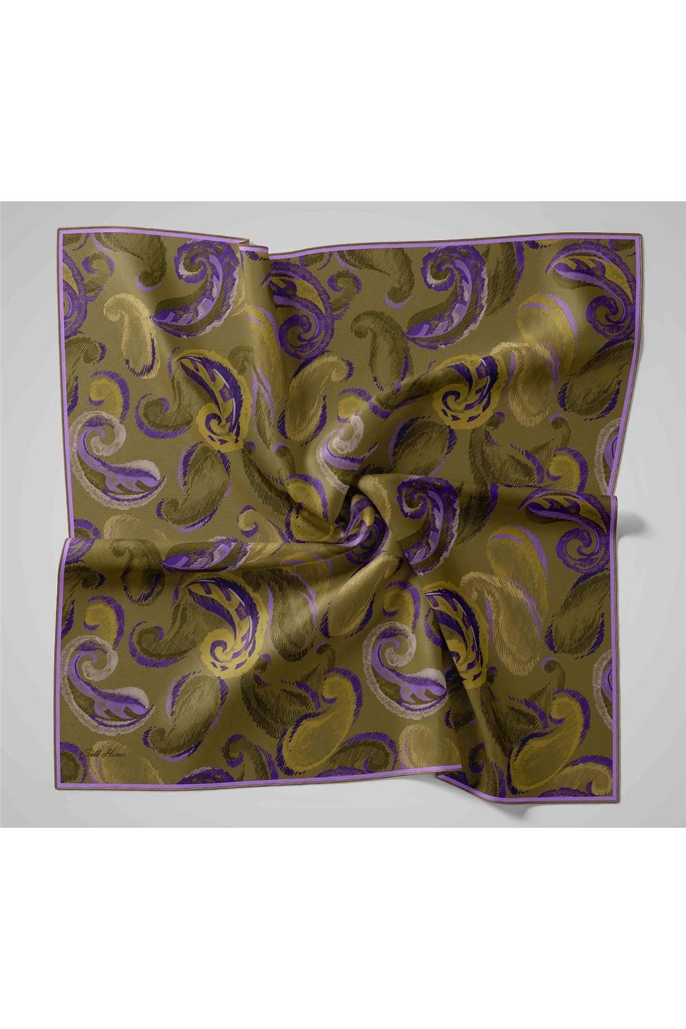 Twill İpek Eşarp Haki-Mor Desenli Tok Duruşlu 90x90