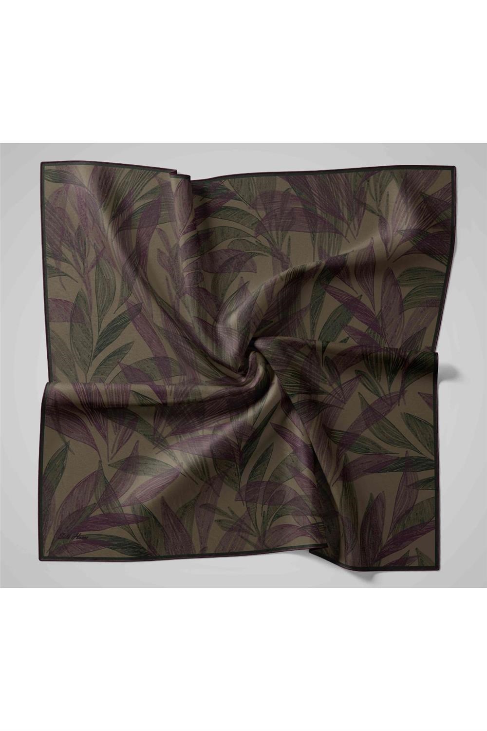 Twill İpek Eşarp Haki-Patlıcan Moru Desenli Tok Duruşlu 90x90