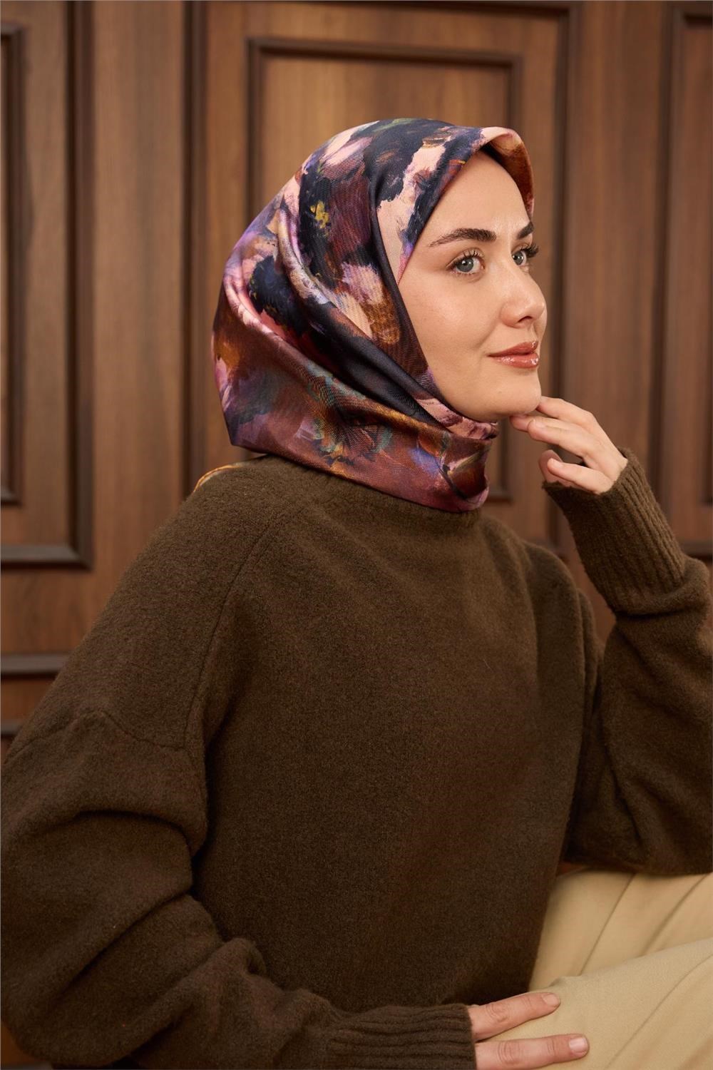 Twill İpek Eşarp Hardal-Bakır Kahve Desenli Tok Duruşlu 90x90