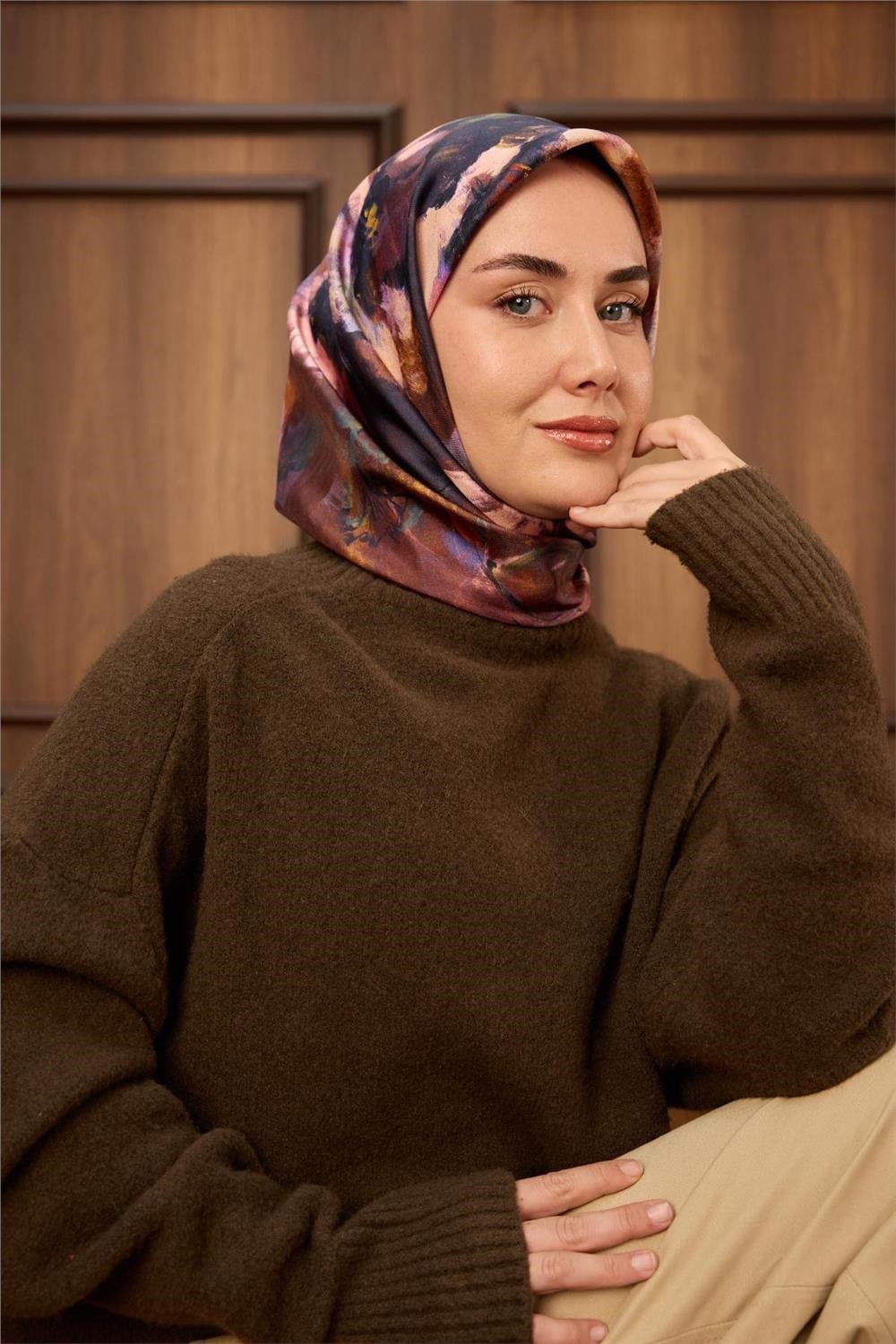 Twill İpek Eşarp Hardal-Bakır Kahve Desenli Tok Duruşlu 90x90
