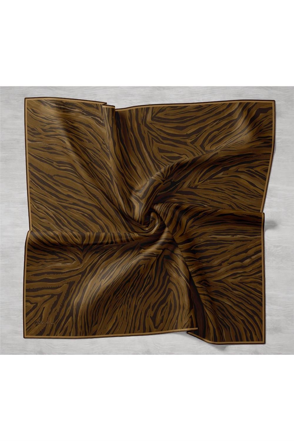 Twill İpek Eşarp Kahverengi Gold Geometrik Desenli Tok Duruşlu 90x90