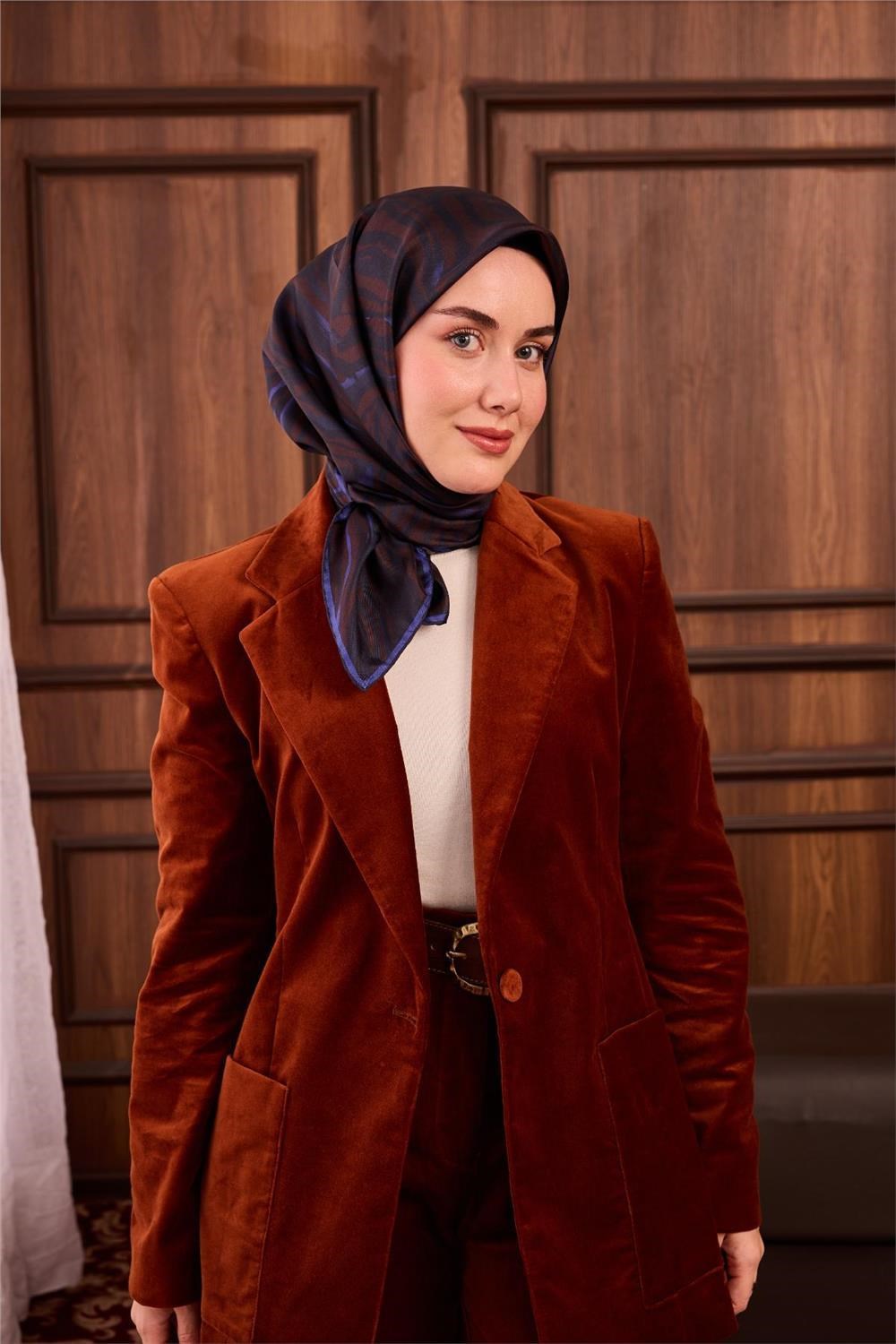 Twill İpek Eşarp Kahverengi Lacivert Saks Çizgili Tok Duruşlu 90x90