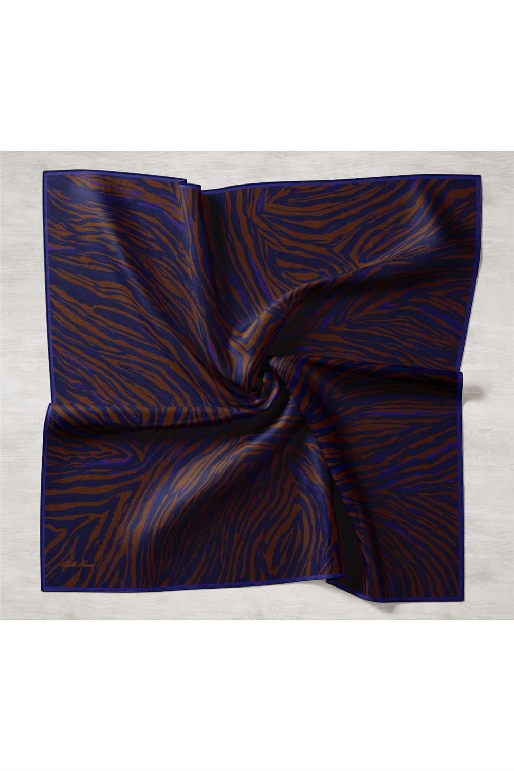 Twill İpek Eşarp Kahverengi Lacivert Saks Çizgili Tok Duruşlu 90x90