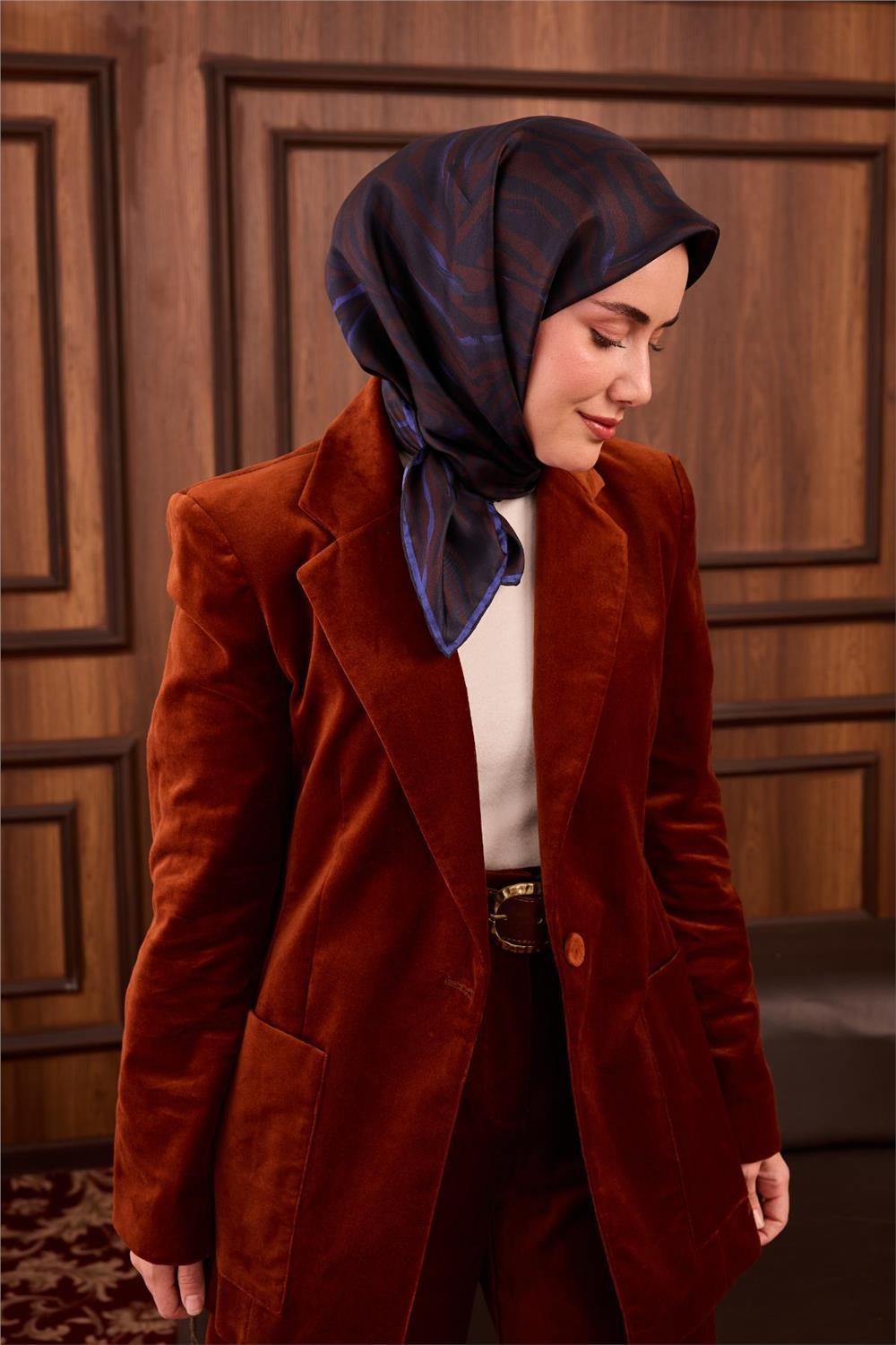 Twill İpek Eşarp Kahverengi Lacivert Saks Çizgili Tok Duruşlu 90x90