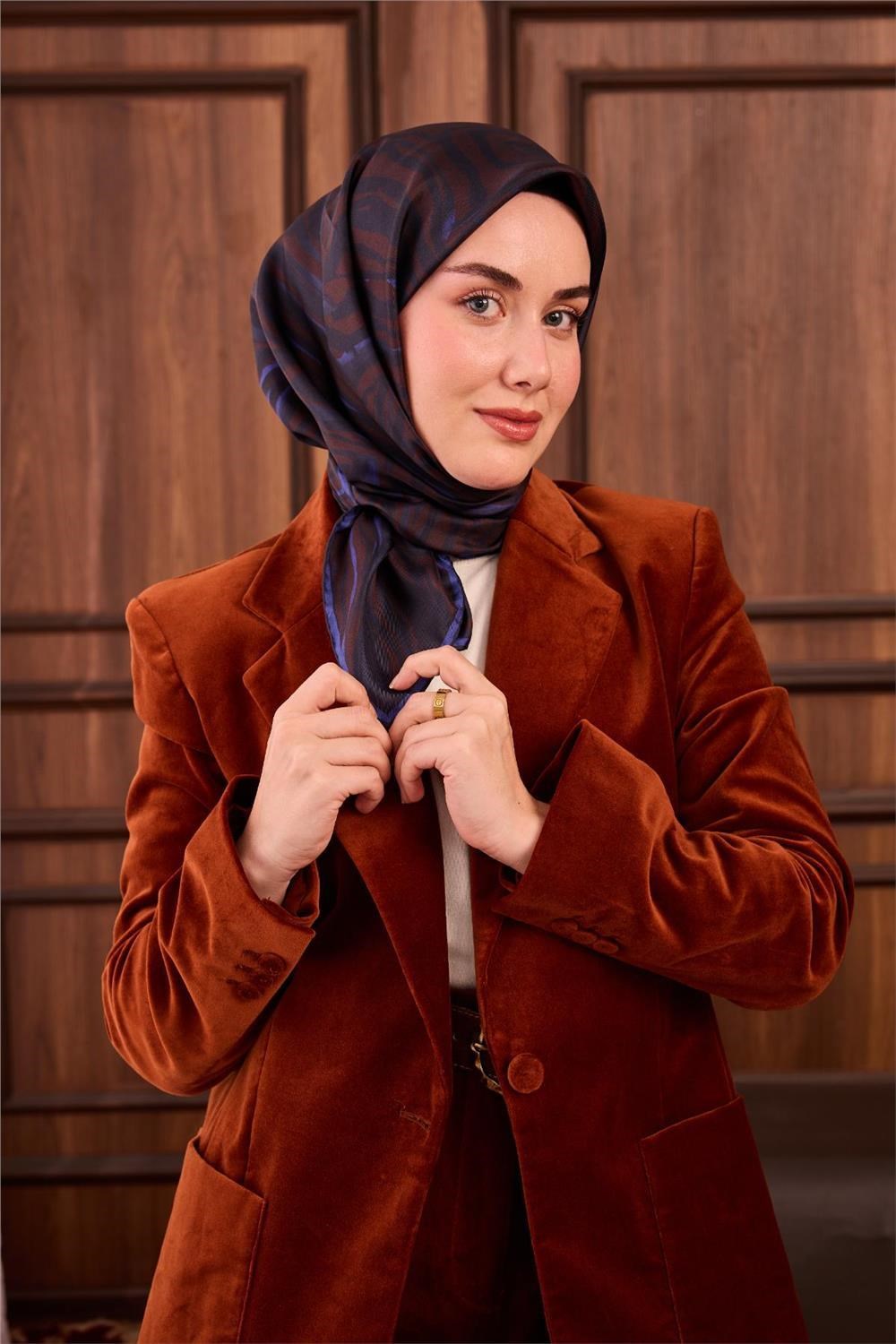 Twill İpek Eşarp Kahverengi Lacivert Saks Çizgili Tok Duruşlu 90x90