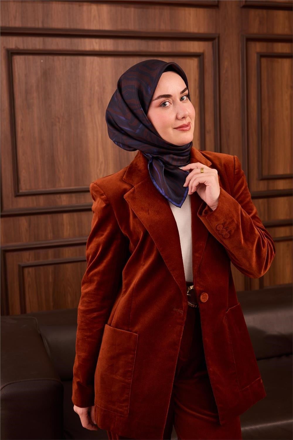 Twill İpek Eşarp Kahverengi Lacivert Saks Çizgili Tok Duruşlu 90x90