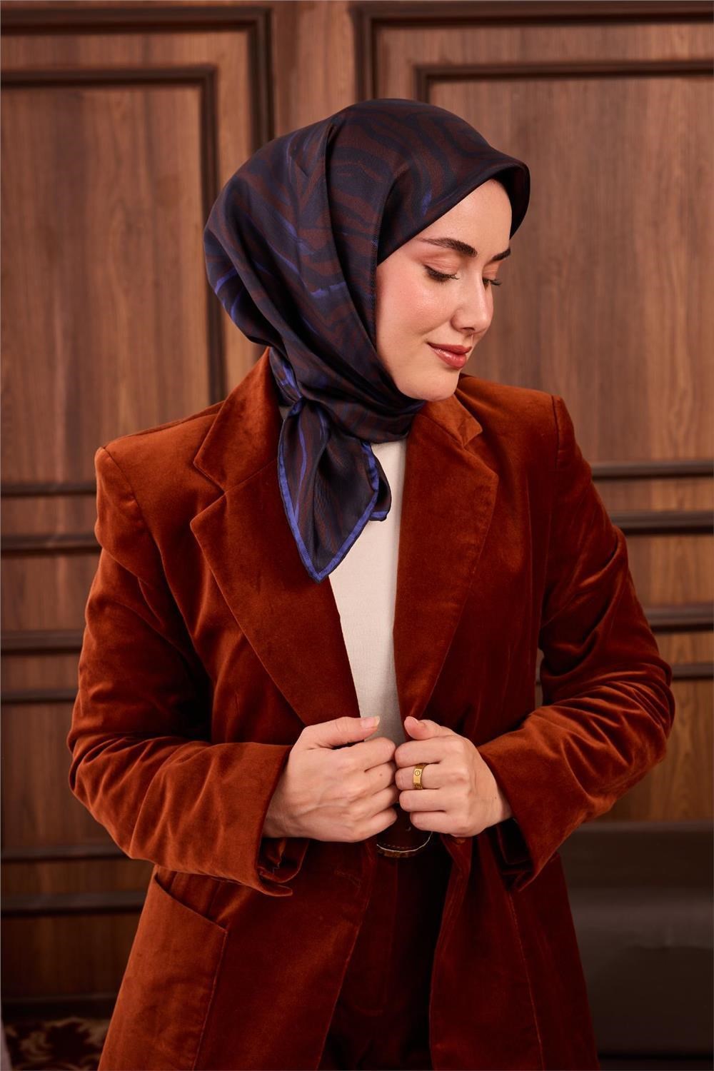 Twill İpek Eşarp Kahverengi Lacivert Saks Çizgili Tok Duruşlu 90x90