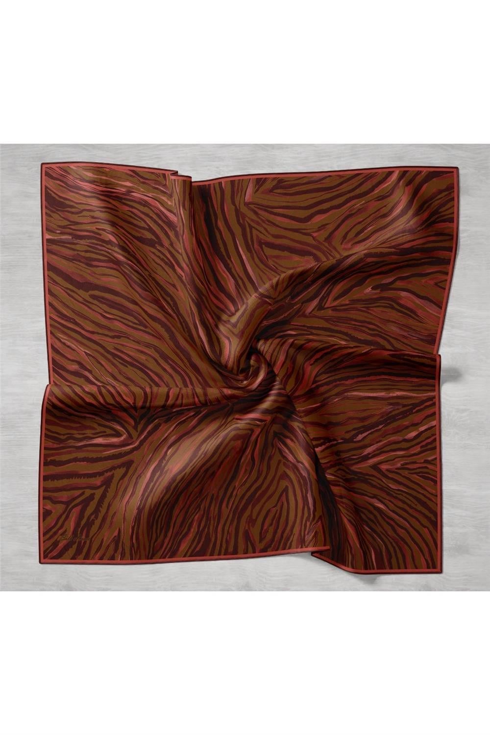 Twill İpek Eşarp Kahverengi Mercan Geometrik Desenli Tok Duruşlu 90x90