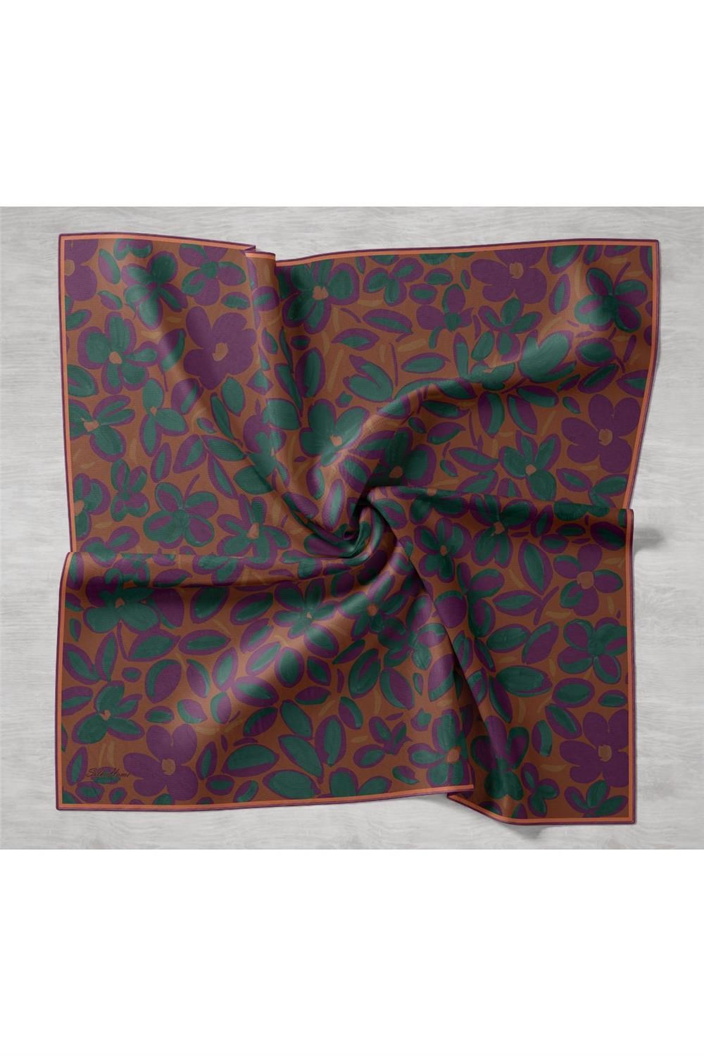Twill İpek Eşarp Kahverengi Mor Çağla Papatya Desenli Tok Duruşlu 90x90