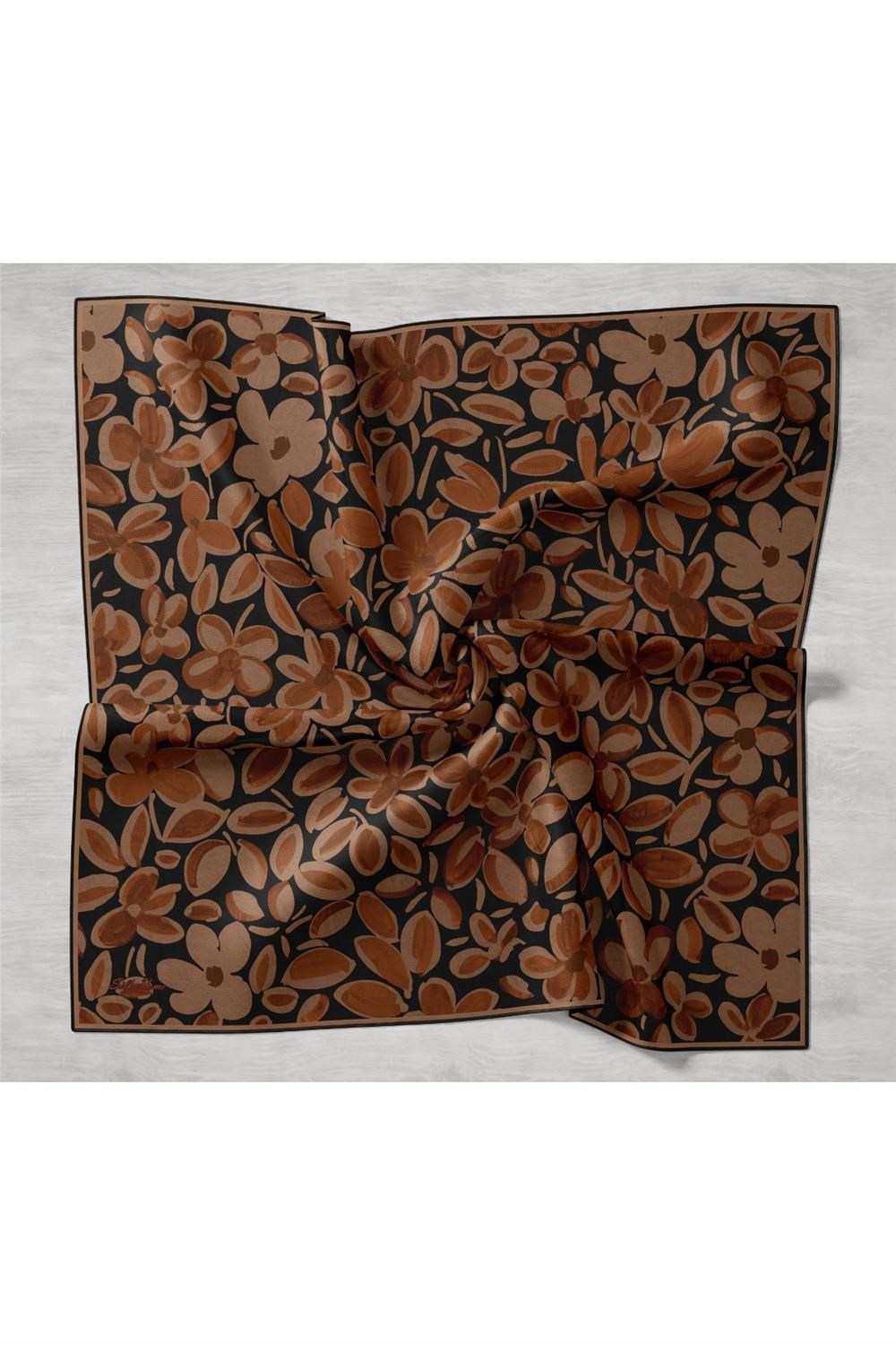 Twill İpek Eşarp Kahverengi-Sütlü Kahve Papatya Desenli Tok Duruşlu 90x90