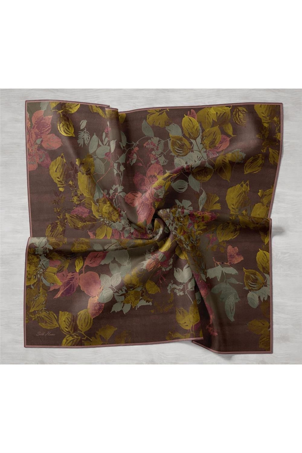 Twill İpek Eşarp Kahverengi-Yeşil Çiçek Desenli Tok Duruşlu Kaymaz 90x90