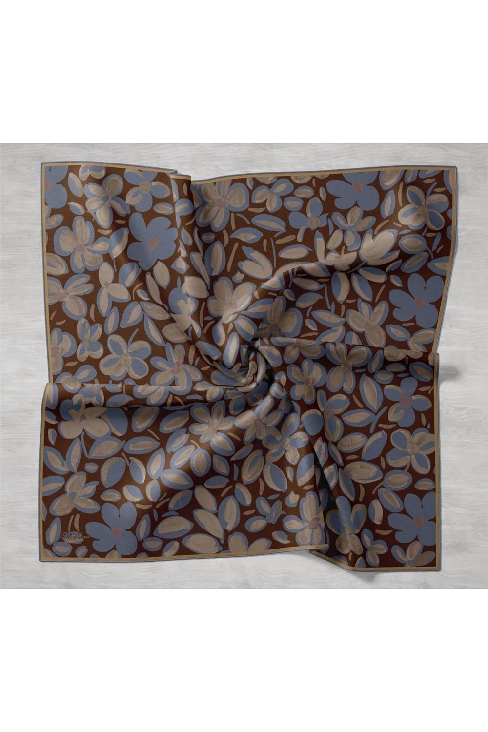 Twill İpek Eşarp Karolina Mavi Vizon Acı Kahve Papatya Desenli Tok Duruşlu 90x90