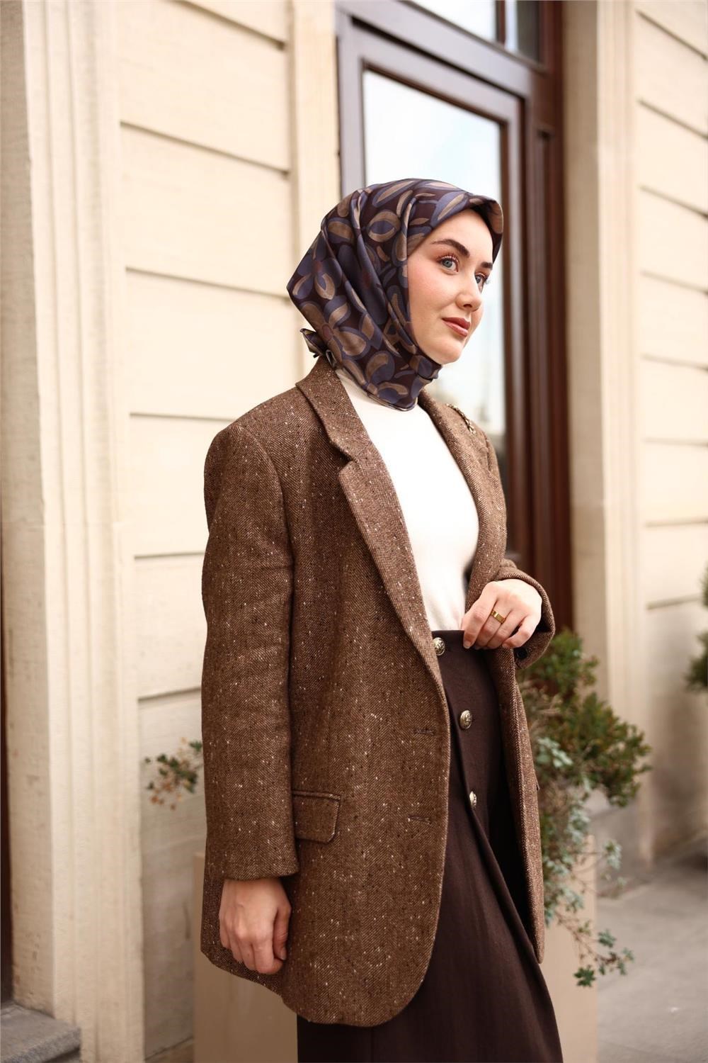 Twill İpek Eşarp Karolina Mavi Vizon Acı Kahve Papatya Desenli Tok Duruşlu 90x90