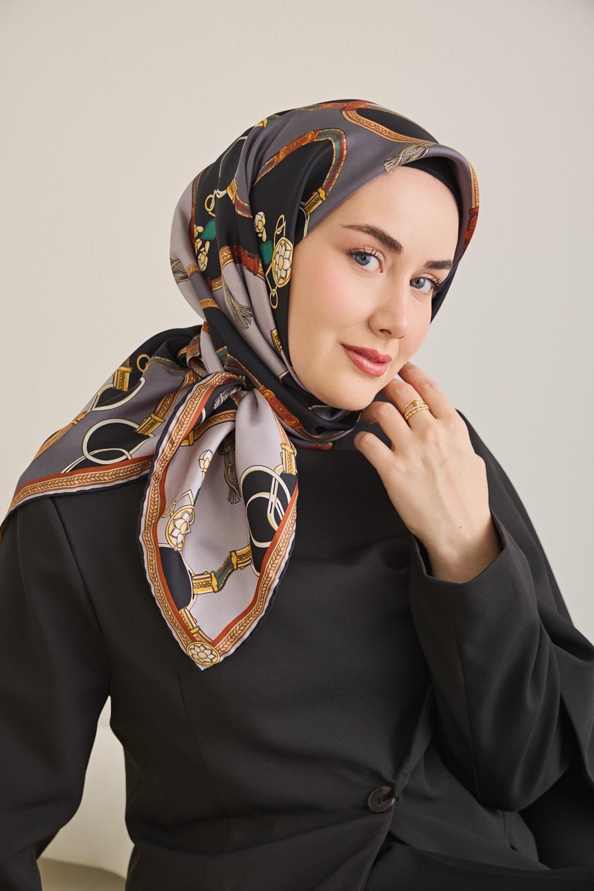 Twill İpek Eşarp Kemer Desen Antrasit 90x90