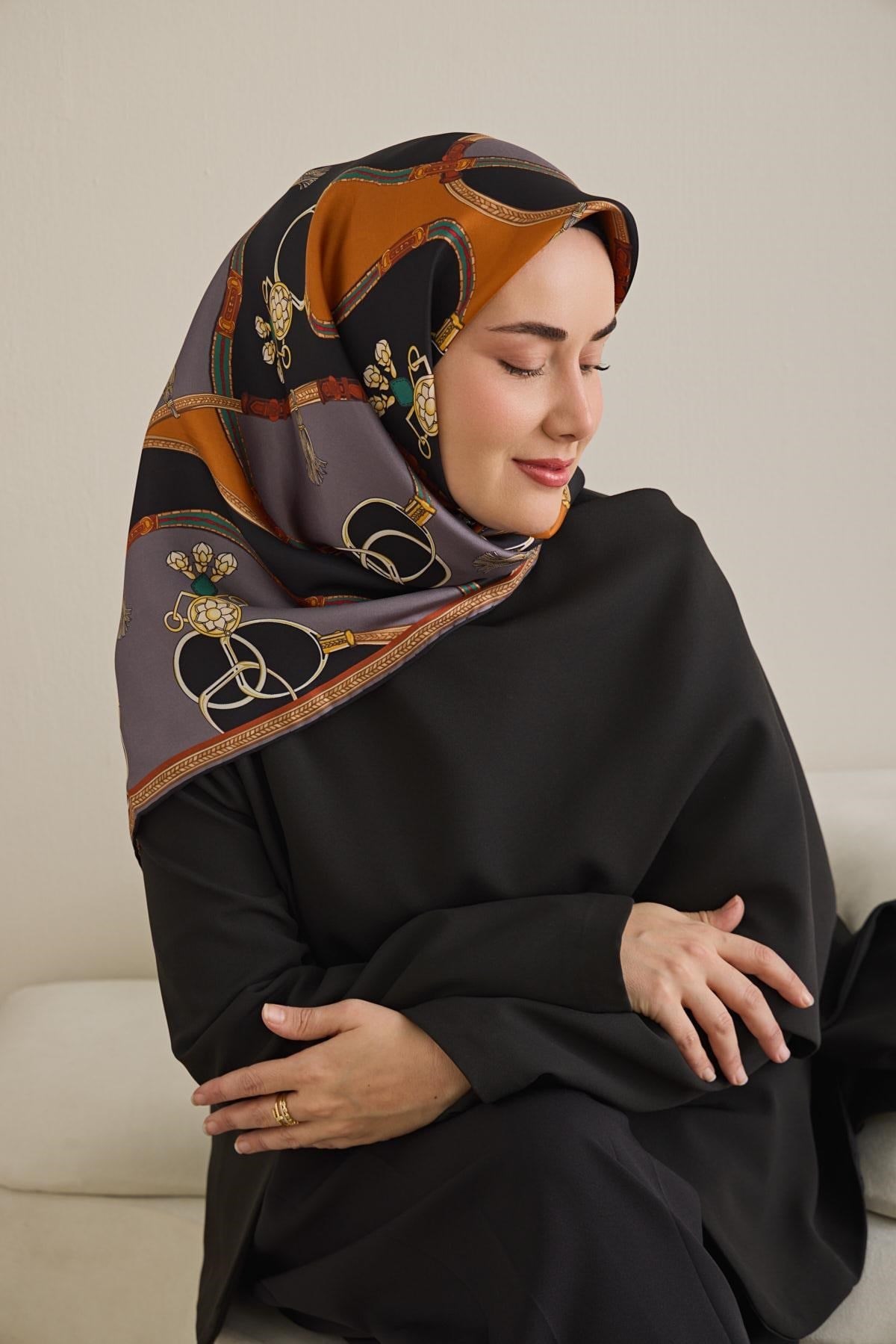 Twill İpek Eşarp Kemer Desen Füme 90x90