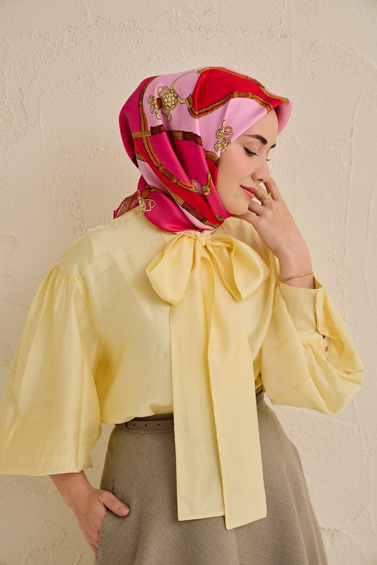 Twill İpek Eşarp Kemer Desen Fuşya 90x90