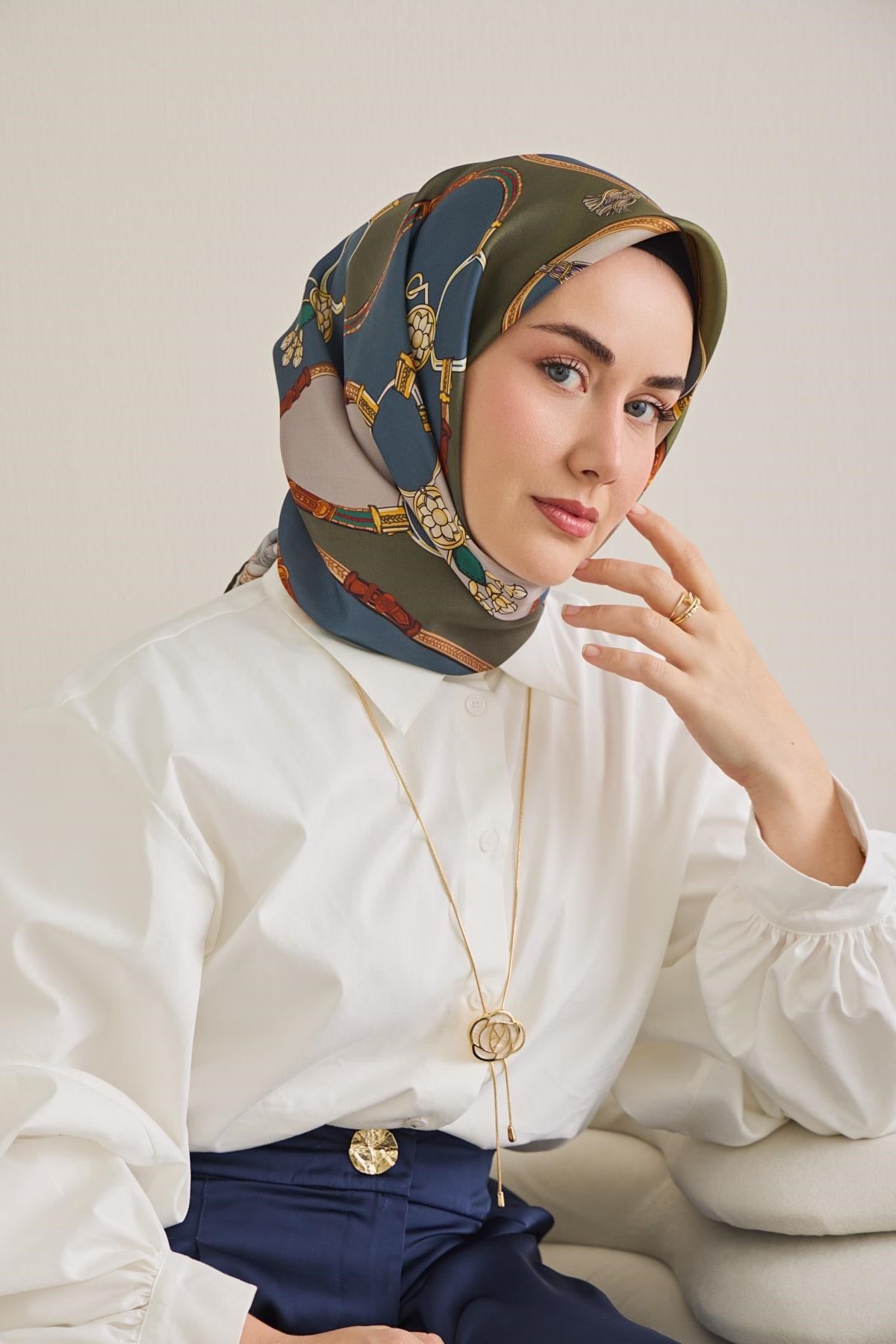 Twill İpek Eşarp Kemer Desen Indigo-Yeşil 90x90