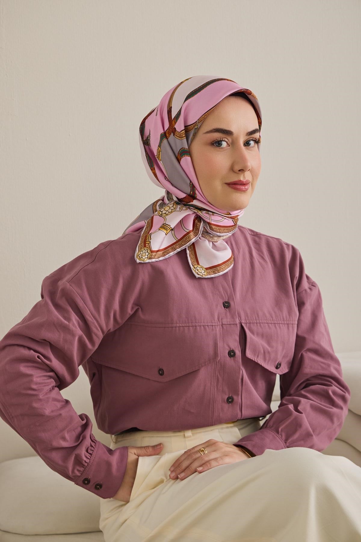 Twill İpek Eşarp Kemer Desen Pembe 90x90