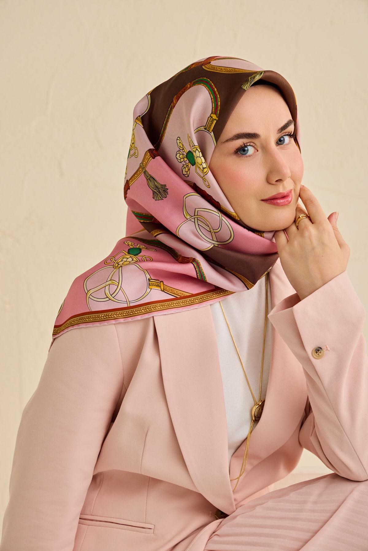 Twill İpek Eşarp Kemer Desen Pembe 90x90