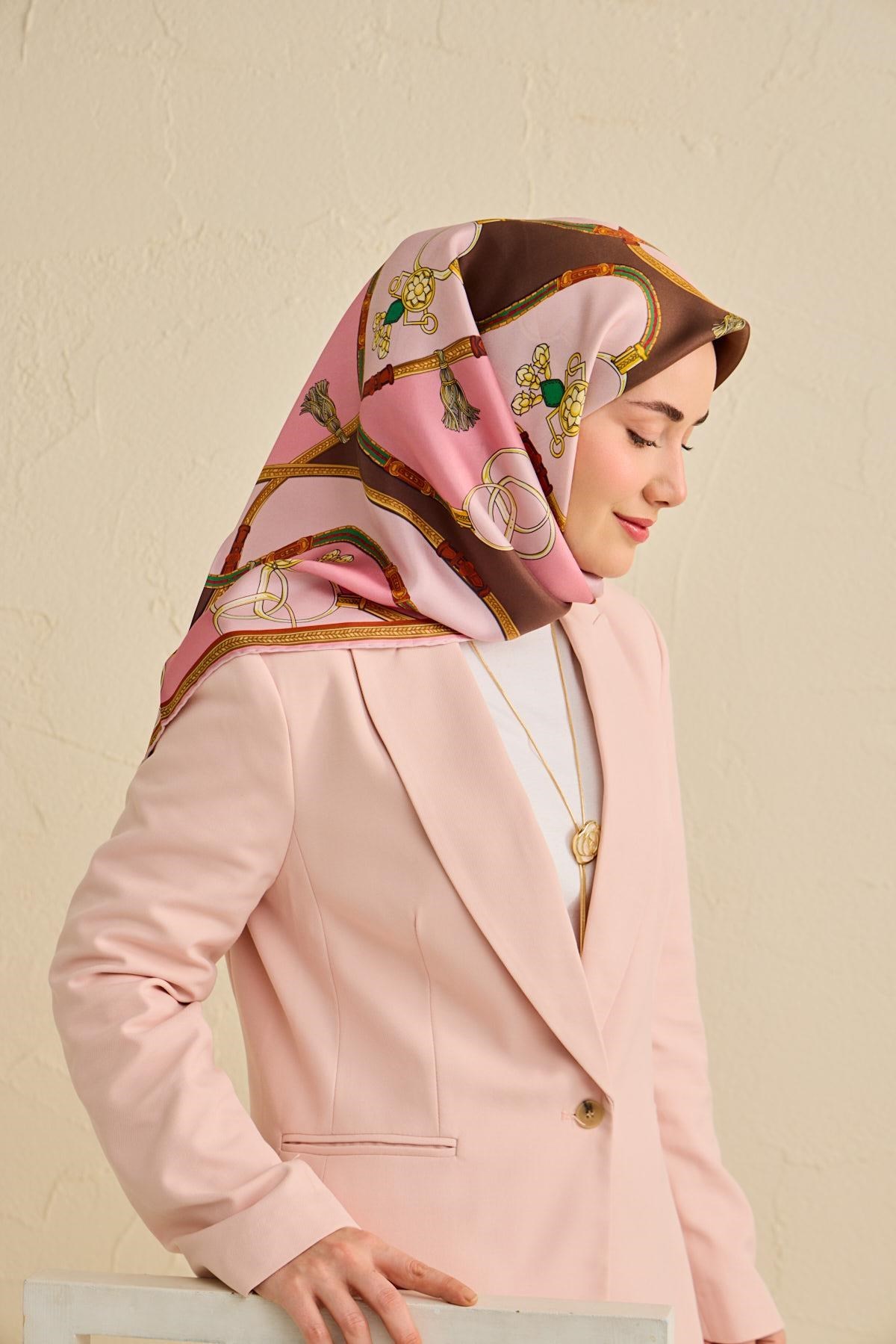 Twill İpek Eşarp Kemer Desen Pembe 90x90