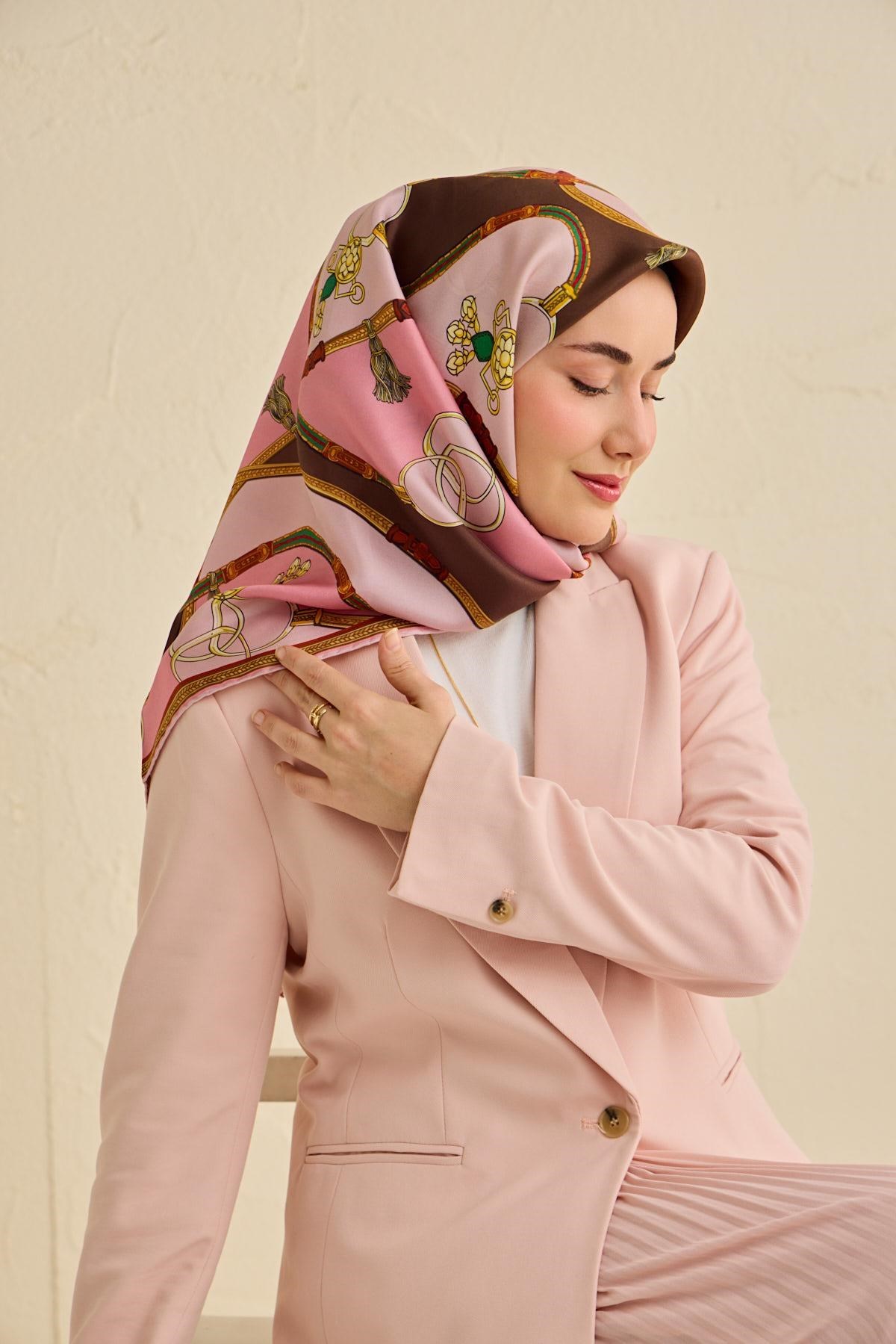 Twill İpek Eşarp Kemer Desen Pembe 90x90