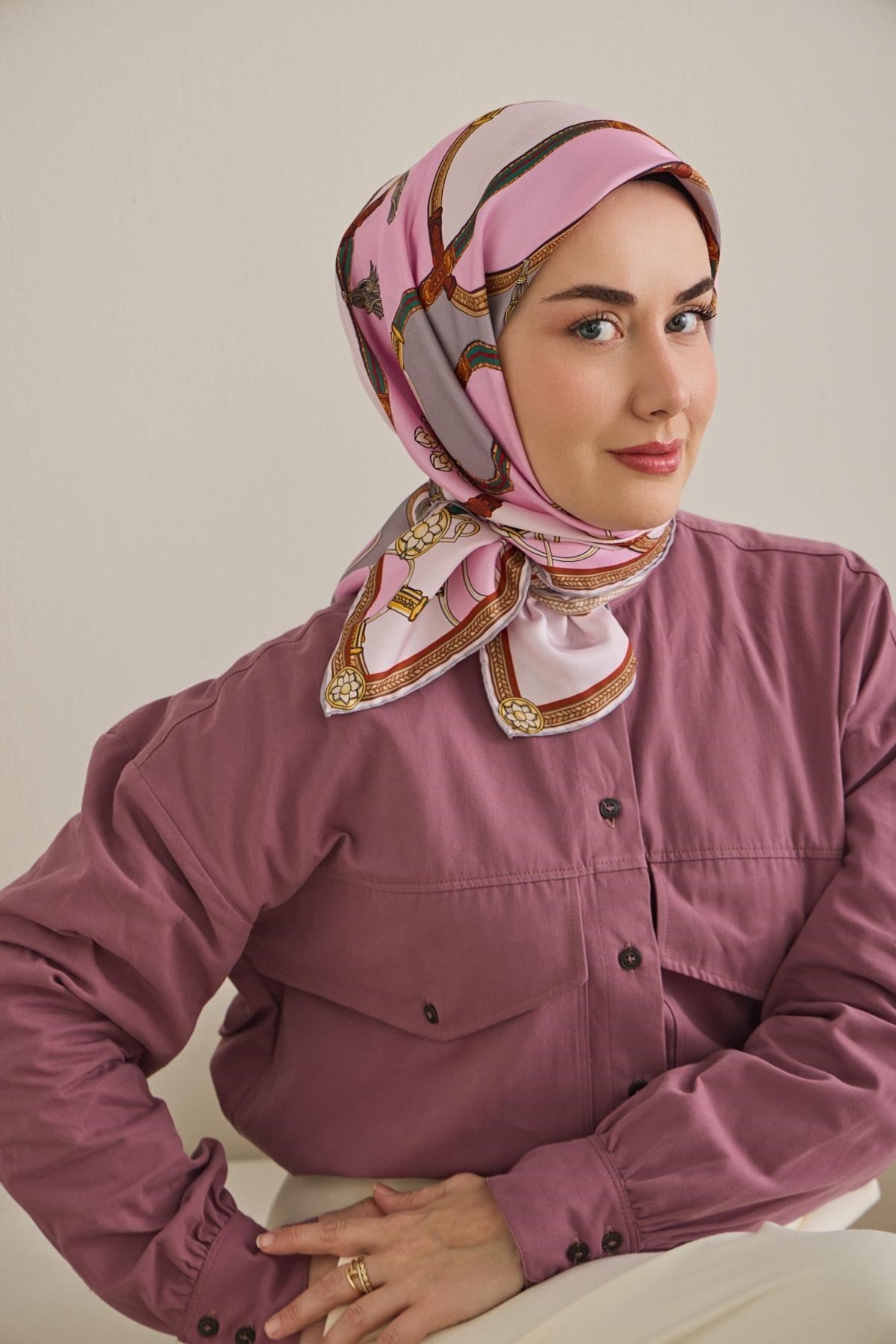 Twill İpek Eşarp Kemer Desen Pembe 90x90